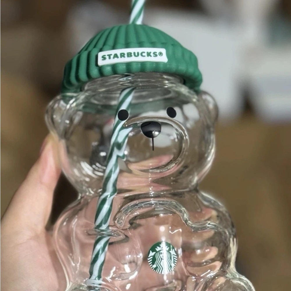 Starbucks 2025 Bearista Bear Glass Cold Cup with Green Hat and Tumbler Straw - Picture 2 of 4
